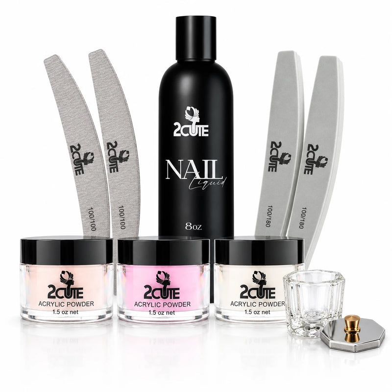 2Cute Nails Acrylic Essentials Kit: 8 oz Nail Liquid monomer, two 100/100 files, two 100/180 buffers, three 1.5 oz acrylic powder jars and a glass dappen dish with steel lid on a white background.