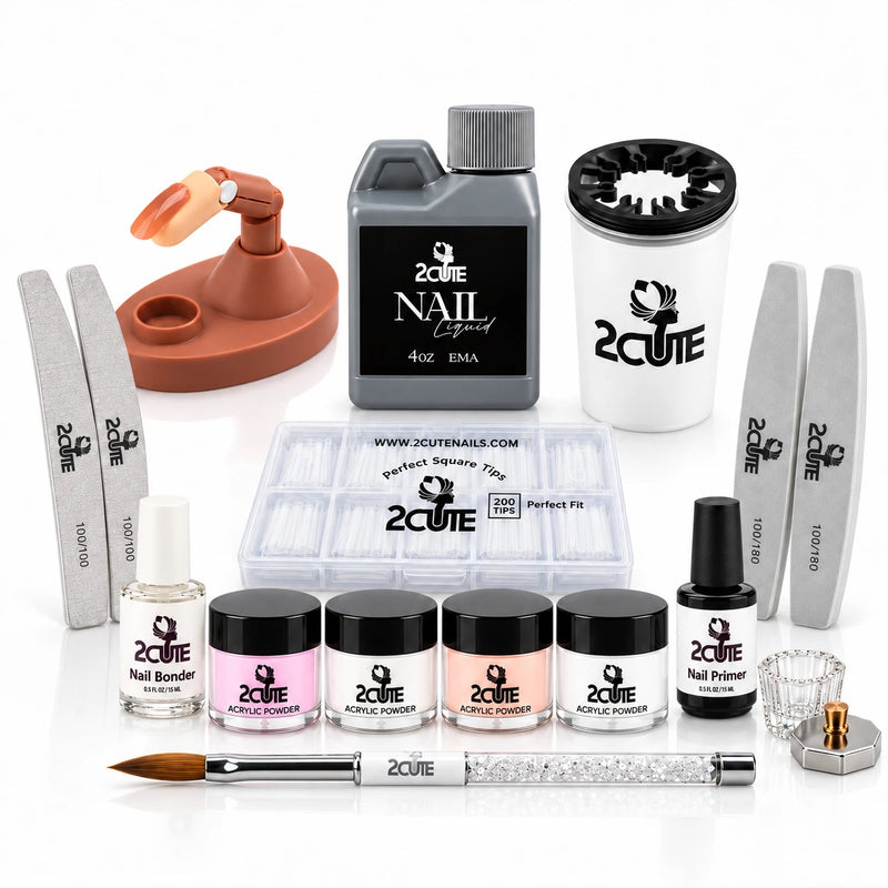 2Cute Beginner Acrylic Kit: practice finger, 4 oz monomer, 4 acrylic powders, brush, bonder, primer, tips, clean-up cup, dappen dish, files and buffers