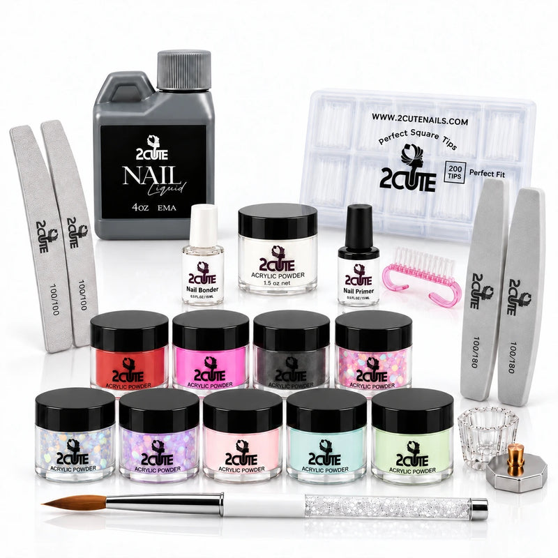 2Cute Nail Art Acrylic Kit: glitter, glow in the dark and color acrylics, clear acrylic, 4 oz monomer, brush, nail dust brush, bonder, primer, tips, dappen dish, files and buffers