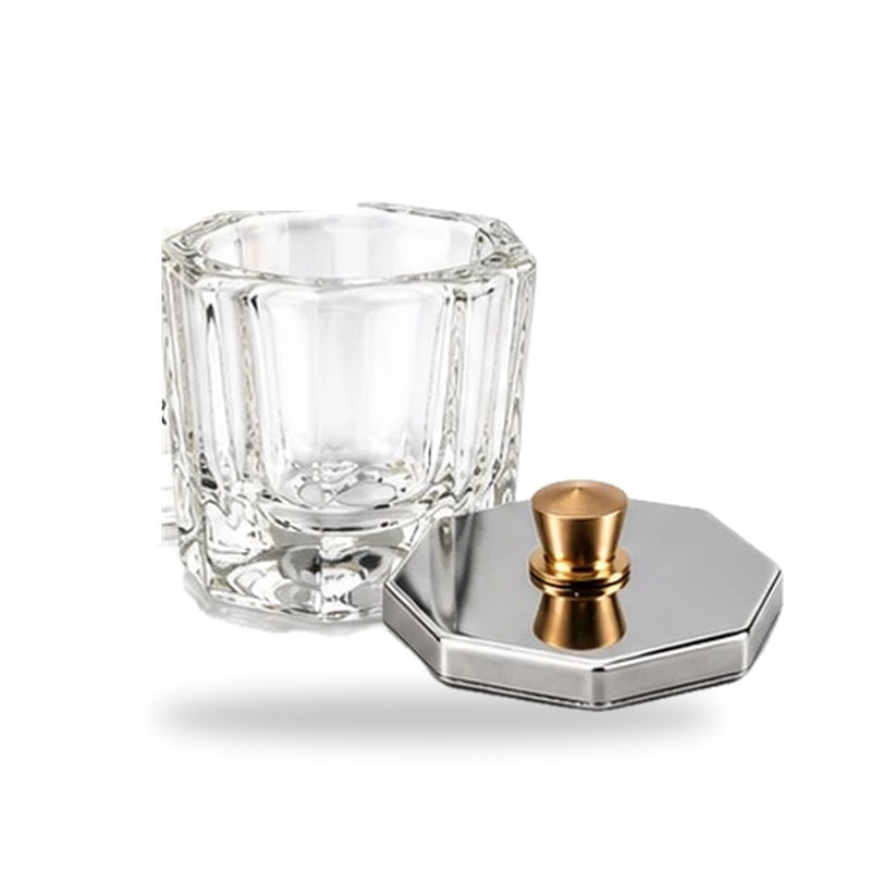 Clear glass dappen dish with stainless steel lid and gold knob