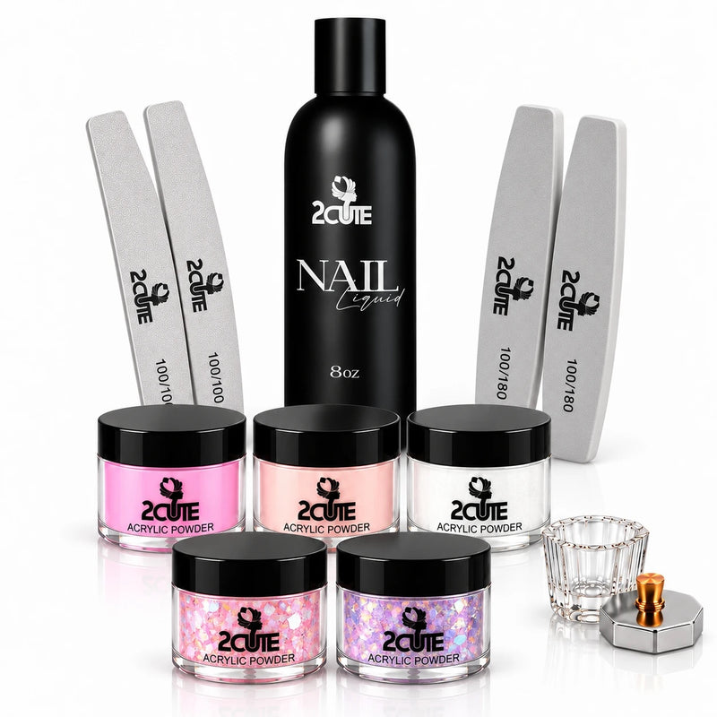 2Cute Educator Basic Kit: 8 oz monomer, cover pink, cover nude and clear acrylic, 2 glitter acrylics, glass dappen dish, files and buffers