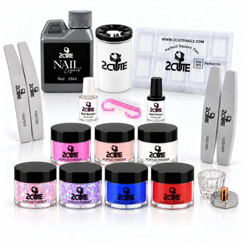 2Cute Educator Class Kit: 4 oz monomer, 7 acrylic powders, 200 tips, bonder, primer, nail dust brush, clean-up cup, dappen dish, files and buffers