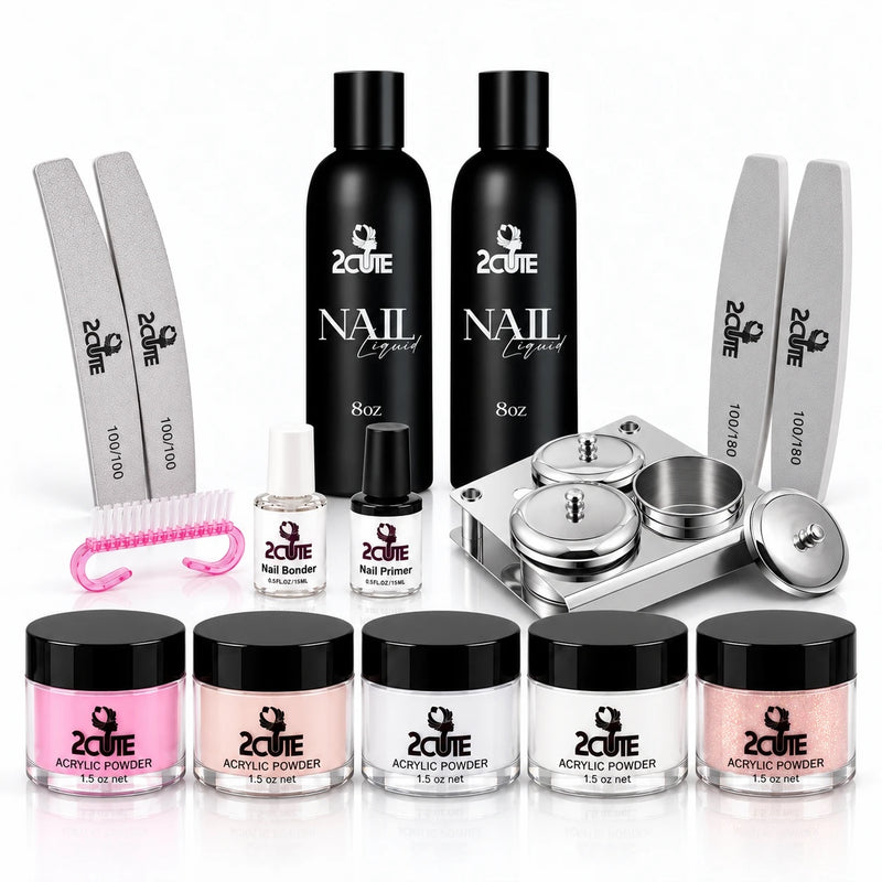 2Cute Pro Acrylic Kit: 5 cover acrylics, 2 x 8 oz monomer, bonder, primer, stainless steel dappen dish set, nail dust brush, files and buffers
